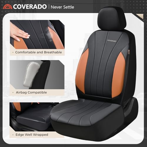 Coverado Car Seat Covers Full Set, Automotive Front and Rear Seat Covers, Leather Car Seat Covers Full Set 5 Seats, Airbag-Compatible, Brown Seat Covers for SUV Sedan Truck - color: Black-brown, size: FullSet