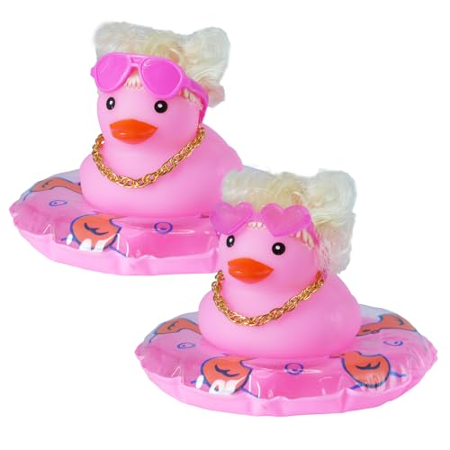2 Pack Pink-Haired Rubber Ducks with Swim Rings, Gold Necklaces & Sunglasses - Squeaky Mini Duck Car Dashboard, DIY Funny Cool Decor for Adults, Office & Home Gifts - color: Style20