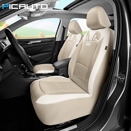PIC AUTO Car Seat Covers, Cute Rabbit Premium Beige Leather Seat Covers, Universal Fit Front Seat Covers for Cars, Trucks, SUVs, Soft & Wear-Resistant Auto Interior Protection with Airbag-Compatible - color: Beige