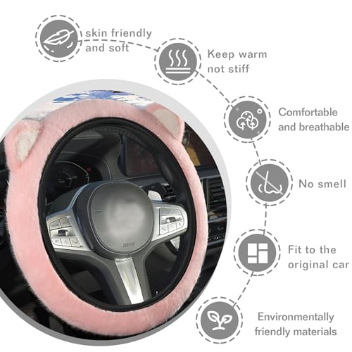 Car Steering Wheel Cover, Cute Steering Wheel Protector with Kitty Cat Ears,Fluffy Soft Plush for Winter Warm, Universal Fit 15 inches for Car,SUV, Elastic & Anti-Slip (Pink) - color: Pink