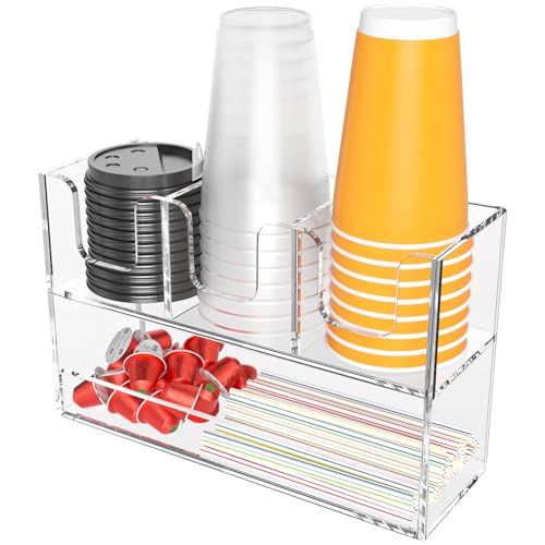 Beego 4-Compartment Cup Holder for Countertop - 2-Tier Clear Acrylic Cup Dispenser Coffee Station Paper Cup and Lid Organizer Condiment Storage for Restaurant Breakroom Kitchen Bar Accessories - color: Clear, size: 4 Compartments