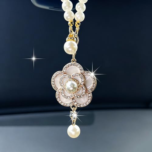 Bling Flower Rear View Mirror Accessories, Cute Car Decor for Women, Pearl Chain with Camellia Car Hanging Accessories Rearview Mirror Charms - color: White