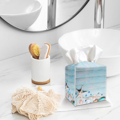 Blue Tissue Box Cover Holder - Starfish PU Leather Tissue Box Cover with Bottom Belt, Nautical Square Facial Paper Organizer for Tabletop, Bathroom, Kitchen, Car & Office -034 - color: Starfish