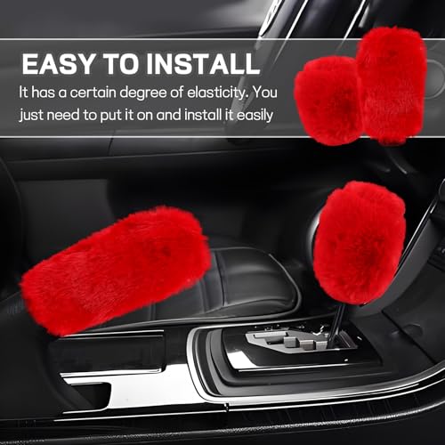 Hovom 2PCS Fluffy Car Gear Shift Knob Cover & Handbrake Cover, Soft Plush Hand Brake Handle & Gear Shift Cover for Women Girls, Universal Comfortable Warm Furry Car Accessories (Red) - color: Red