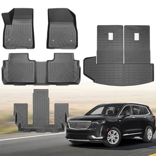Floor Mats & Cargo Liner for 2020-2026 Cadillac XT6 6 Seats, All Weather TPE Floor Liners Custom Fit Cadillac XT6 Heavy Duty Car Mats 3 Row & Trunk with Backrest Mat Accessories Odorless Anti Slip - style: 32) For Cadillac XT6 6 Seats | 2020-2026 | Combo