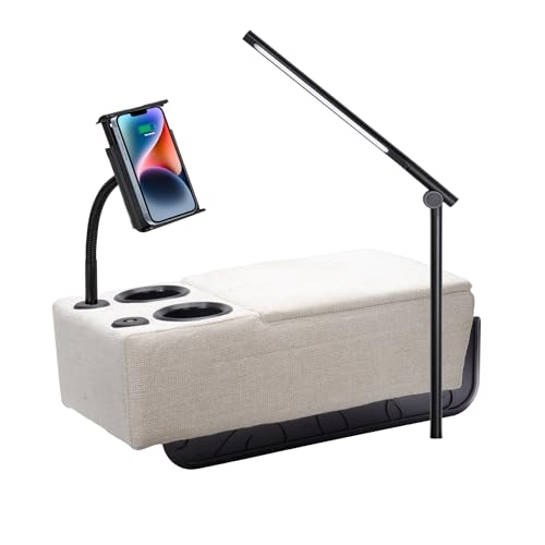 Removable Sofa Armrest, Dual Cup Holders Large Size Multifunctional Couch Caddy Storage Arm Rest with Power Wireless Charging Stand & LED Reading Light for Sofa Middle Seat Parts