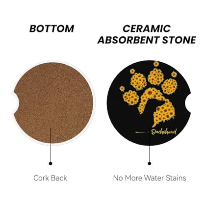 Absorbent Ceramic Car Coasters for Cup Holders, Dachshund Sunflower Dog Paw Design 2.56" Anti Slip Universal Drink Cup Coasters for Women Men (2 Pack) - color: Dachshund Sunflower Dog Paw