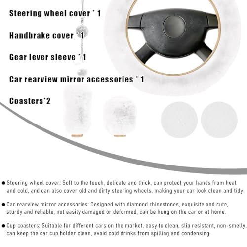 6 PCS Fluffy Steering Wheel Covers Set, 15 Inch Soft Steering Wheel Cover, Handbrake Cover & Gear Shift Cover & Cup Holder Coaster & Car Mirror Accessory, Car Accessories (White) - color: White
