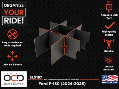 Center Console Organizer for Ford F150 (select 2024-2026 models) (full console w/bucket seats ONLY) - Made in USA - SLX197