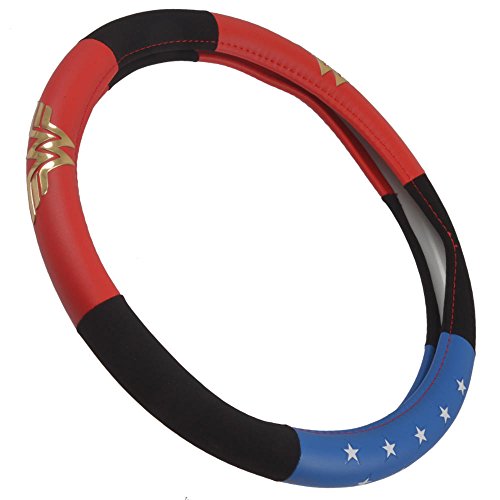 BDK Wonder Woman Steering Wheel Cover - Synthetic Leather - Stars & Gold Logo - Fits All Standard Size Wheel 15 Inch, Model Number: WBSW-1904 - style: Wonder Woman - Three tone