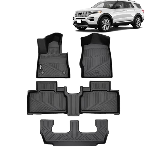 FREEMOTOR802 All Weather Floor Mats Compatible with 2020-2021 Ford Explorer 7 Seat with 2nd Row Bench Seat, Black 3D Molded TPE Floor Carpets Liner Protector Pad Cover 4PCS - size: For Ford Explorer 7 Seats 2020-2021
