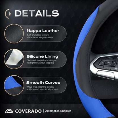 Coverado Car Steering Wheel Cover, Nappa Leather Black & Blue Steering Wheel Covers for Women, Universal 14-15 inch, Anti-Slip, Breathable Steering Wheel Protector - color: B-BlackBlue