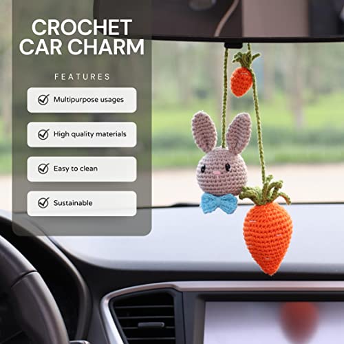 Grey Bunny & Carrot Ornament - Handmade Hanging Car Charm, Automotive & House Decoration, Crochet Keychain Charm - style: Grey Bunny And Carrot Car Charm