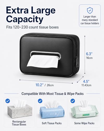 Leather Car Tissue Holder, Extra Large Tissue Holder for Car, Fits 120–230 Count Rectangular Tissue Boxes, Wider Opening for Easy Access, Dual Zipper for Headrest,Console,Seat Back (Black)