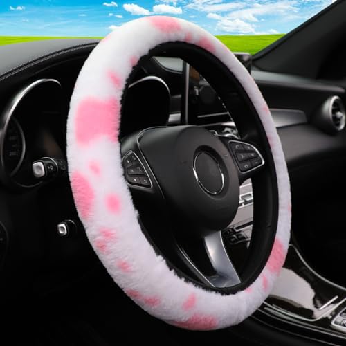 ALEMODR Pink Cow Print Plush Steering Wheel Cover Fluffy Winter Warm Universal 15 inch for Women Girls - color: Pink-white