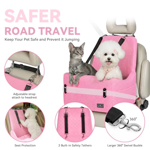 PETSFIT Dog Car Seat for Small/Medium Dogs Up to 35 lbs – Patented Safety System, 5" Memory Foam Pet Booster Car Seat, Fully Detachable and Washable Dog Carseat with 2 Storage Pockets (Pink) - color: Pink