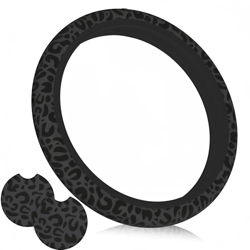 Black Leopard Print Steering Wheel Cover for Women,Universal 14-15 Inch Anti-Slip Breathable with 2 Pieces Car Coasters Cheetah Animal Print Car Wheel Cover Accessories - color: Leopard Black