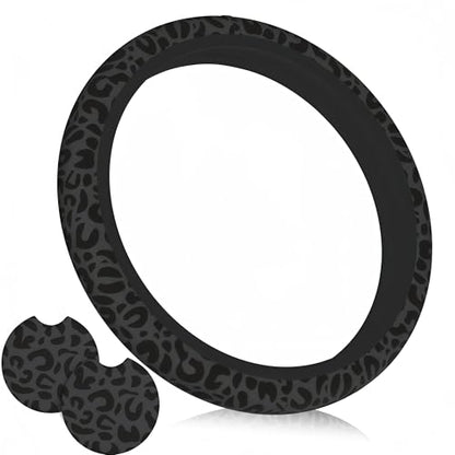 Black Leopard Print Steering Wheel Cover for Women,Universal 14-15 Inch Anti-Slip Breathable with 2 Pieces Car Coasters Cheetah Animal Print Car Wheel Cover Accessories - color: Leopard Black