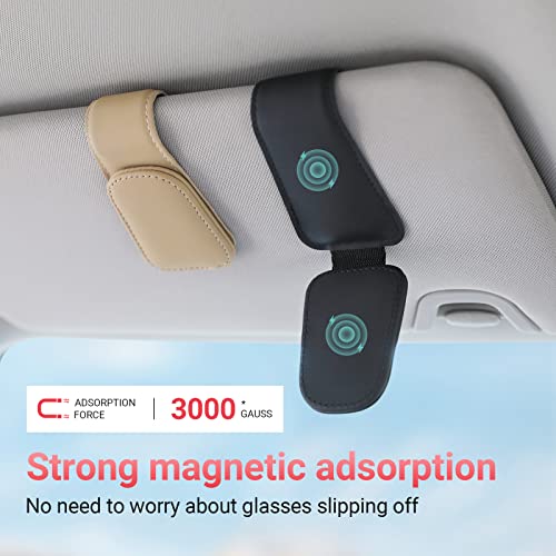 Sunglass Holder for Car Visor Sunglasses Clip Magnetic Leather Glasses Eyeglass Holder Interior Car Accessories for Woman Man - 2 Packs Beige - color: Beige