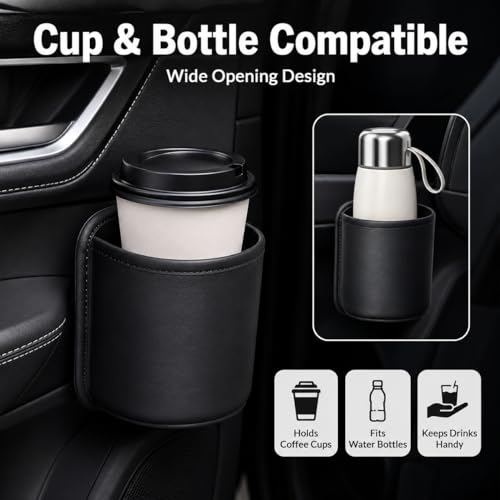 2 Pack Extra Cup Holder for Car, Clip-On Car Door Cup Holder Organizer, PU Leather Car Drink Holder for Small Bottle Coffee Cup Phone Keys Cards, Automotive Seat Pocket Storage, Black