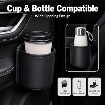 2 Pack Extra Cup Holder for Car, Clip-On Car Door Cup Holder Organizer, PU Leather Car Drink Holder for Small Bottle Coffee Cup Phone Keys Cards, Automotive Seat Pocket Storage, Black