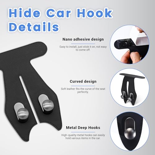2 Pcs Car Hooks for Passenger Glove Box, Self-Adhesive Headrest Hooks for Car Holder, Leather Car Purse Hook for Bags, Car Seat Back Storage Hook Accessories Organization (Double Front Hook)