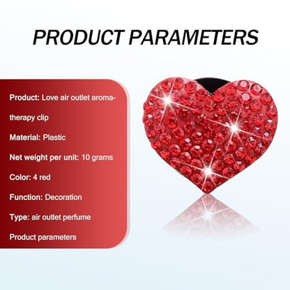 4 PCS Bling Car Air Conditioning Vents Decoration Clip, Cute Heart-shaped Diamond-encrusted Shiny Accessories for Women, Non-destructive Clip-on Installation, Universal for Most Cars (Red)