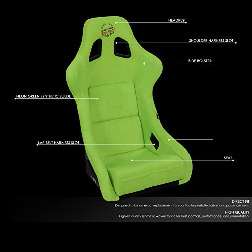 NRG Innovations NRG-FRP-302NG-PRISMA Universal Fixed Back Bucket Racing Seat for 5-Point Harnesses, Size L, Green Alcantara Material, 24" W X 35" H X 18" D - color: Green