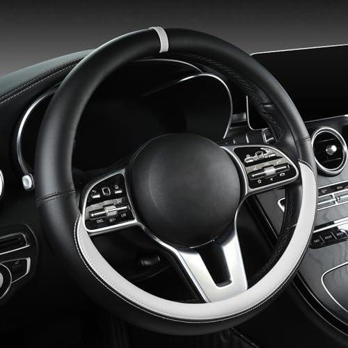 Morandi Color Steering Wheel Cover, Nappa Leather, Fashionable Sporty Style, Universal 15 inches,Black and White - color: Black and White