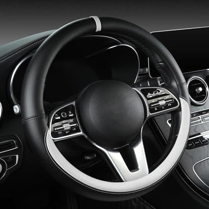 Morandi Color Steering Wheel Cover, Nappa Leather, Fashionable Sporty Style, Universal 15 inches,Black and White - color: Black and White
