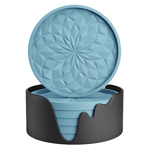 Silicone Coasters with Holder,[6 Pack] Drinking Coasters - Cup Mat for Hot or Cold Drinks, Thickened, Non-Slip, Non-stick,Deep Tray Ether - color: Ether