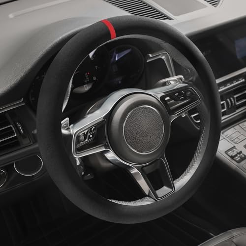 Suede Steering Wheel Cover with Upgraded Silicone Inner Ring, Breathable, Anti-Slip, Leather Universal 14.5 to 15 Inch Steering Wheel Cover (Black with Red Mark) - style: Black with Red Mark