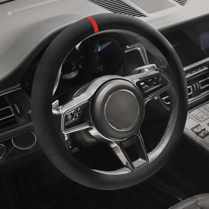 Suede Steering Wheel Cover with Upgraded Silicone Inner Ring, Breathable, Anti-Slip, Leather Universal 14.5 to 15 Inch Steering Wheel Cover (Black with Red Mark) - style: Black with Red Mark