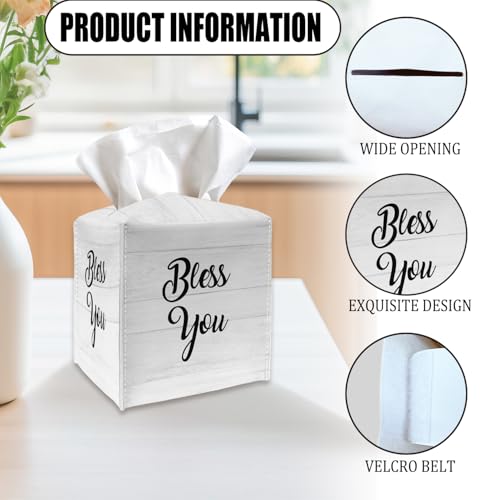 Tissue Box Cover Holder - Bless You PU Leather Tissue Box Cover with Bottom Belt, Square Facial Paper Organizer Dispenser for Tabletop, Bathroom, Kitchen, Car & Office -026 - color: Bless You