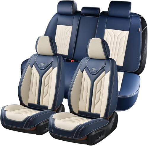 Coverado Car Seat Covers Full Set, Leather Seat Covers for Cars, Waterproof Automotive Seat Covers Car Seat Protectors Car Accessories Universal Fit for Most Sedans SUV Pick-up Truck(Blue&Beige) - color: A-Blue&Beige, size: FullSet