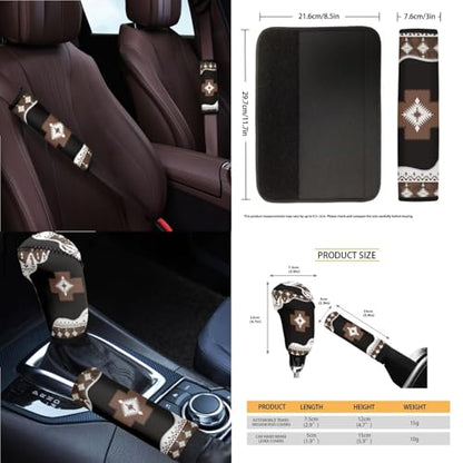 Wanyint Aztec Brown 14 Pack Car Accessories Set, Universal Auto Seat Protector Steering Wheel Cover Seatbelt Strap Pad Trash Can Armrest Cover Pad Cup Holders Rearview Mirror Cover Handbrake Cover Set - color: Southwest Aztec Black Brown