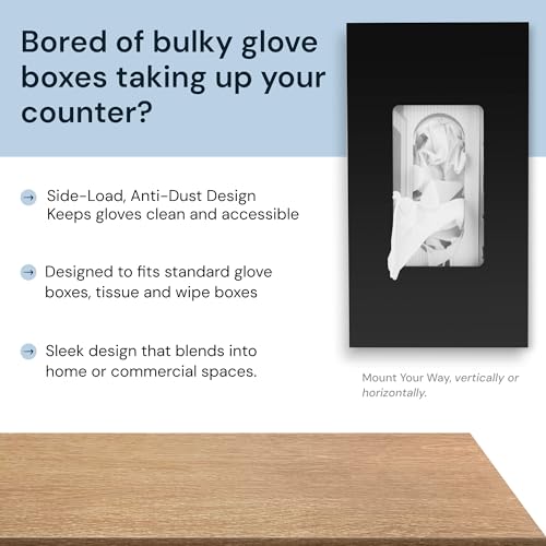 Black Glove Box Holder Wall Mount - Acrylic Disposable Glove Dispenser - Side Loading Rack for Nitrile & Latex Gloves - Organizer Container for Kitchen, Garage, Lab (Single)