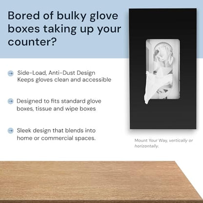 Black Glove Box Holder Wall Mount - Acrylic Disposable Glove Dispenser - Side Loading Rack for Nitrile & Latex Gloves - Organizer Container for Kitchen, Garage, Lab (Single)
