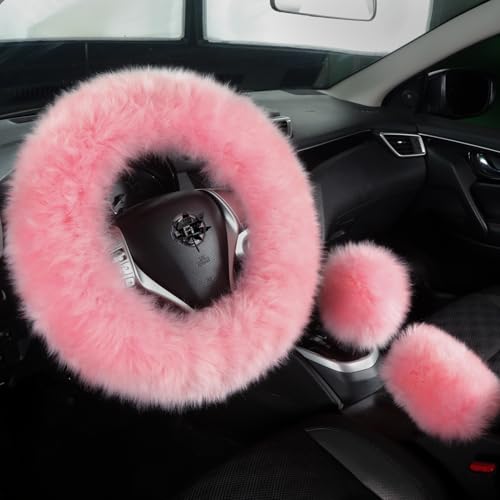 Fuzzy Genuine Sheepskin Steering Wheel Cover Set for Women Parents-Fluffy Soft Australian Merino Wool Fur Wrap with Gear Shift and Hand Brake Covers, Cozy Stylish Luxury Girl Car Accessories (Pink) - color: Pink