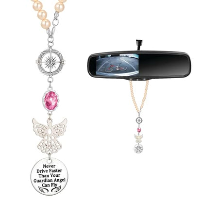 Rear View Mirror Accessories - Pink Pearl Angel Car Mirror Charm - Guardian Angel Hanging Accessory with Inspirational Message, Universal Fit Car Decor Gift for Women