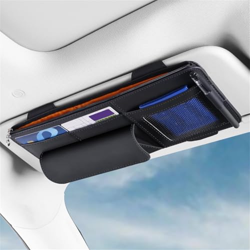 Car Visor Organizer, Multi-Pocket Sunvisor Storage with Sunglass Holder, Document Holder and Visor Card Clip, Fit for AUTO SUV & Truck, Leather Car Accessories Interior (Black) - color: Black