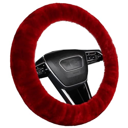Soft Fluffy Wool Sheepskin car Steering Wheel Cover for Girls Women Universal car 14 1/2-15 1/2inchs (Claret) - color: Claret