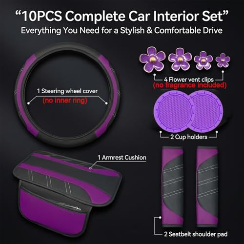 10PCS Car Interior Accessories Sets,Steering Wheel Cover, Seat Belt Cover Pads, Center Console Cover,Cup Holder Coasters,Air Vent Decorative Clip(Purple) - color: Purple