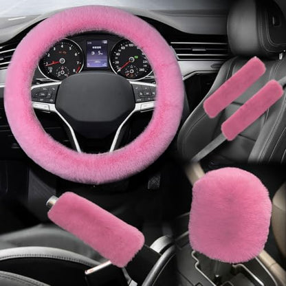 5PCS Fluffy Car Steering Wheel Cover Set, Includes Faux Fur Gear Shift Cover & Handbrake Cover & Steering Wheel Protector & 2 Seat Belt Shoulder Pads, Winter Fuzzy Warm Car Accessories (Pink) - color: Pink