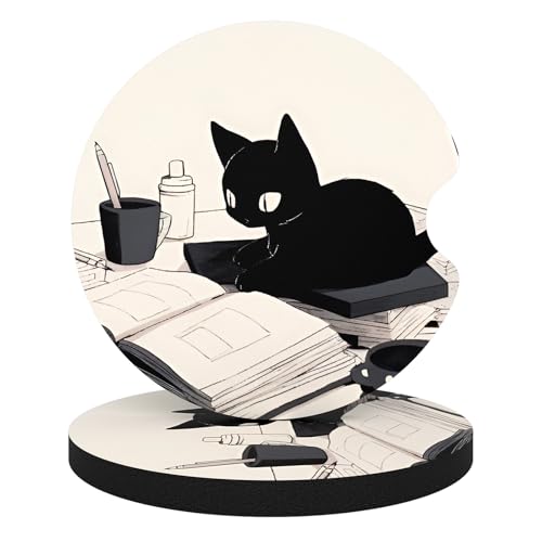 Aiawoxc Car Cup Holder Coasters, 2 Pack Universal Auto Anti Slip Insert Coaster with A Finger Notch, Cute Car Assecories for Women Men, Cup Mat for Most Interior, Cute Reading Cat - color: Cute Reading Cat, size: Rubber