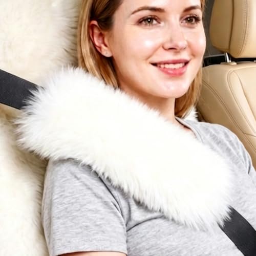 OGLAND Fluffy Sheepskin Seat Belt Cover, Fuzzy Seatbelt Pad for Adults Women Universal Car Accessories 2 Pack (White) - color: White, size: Long Wool
