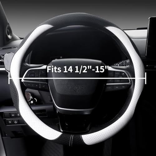 Nappa Leather Steering Wheel Cover, Universal 14.5-15 inch, Anti-Slip Breathable Leather, Sporty Style, Durable Grip Car Accessory for Men Women, White - color: white