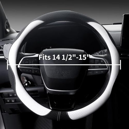 Nappa Leather Steering Wheel Cover, Universal 14.5-15 inch, Anti-Slip Breathable Leather, Sporty Style, Durable Grip Car Accessory for Men Women, White - color: white