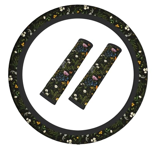 Floral Steering Wheel Cover Elastic Non-Slip Car Steering Wheel Covers with Seat Belt Shoulder Pad for Women Men - color: Floral