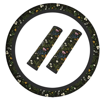 Floral Steering Wheel Cover Elastic Non-Slip Car Steering Wheel Covers with Seat Belt Shoulder Pad for Women Men - color: Floral